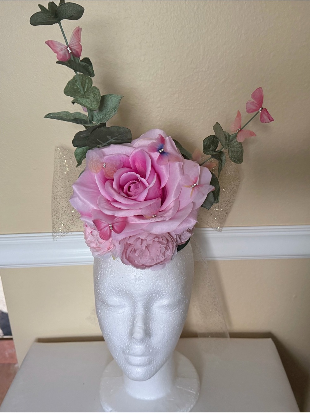 Pink Floral Headpiece Crown with Butterflies